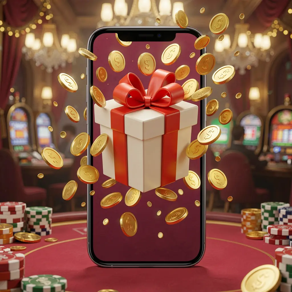 Konsep aplikasi bonus kasino seluler WK88 yang menampilkan layar ponsel dengan kotak hadiah dan koin yang menyembur keluar dalam suasana kasino yang meriah