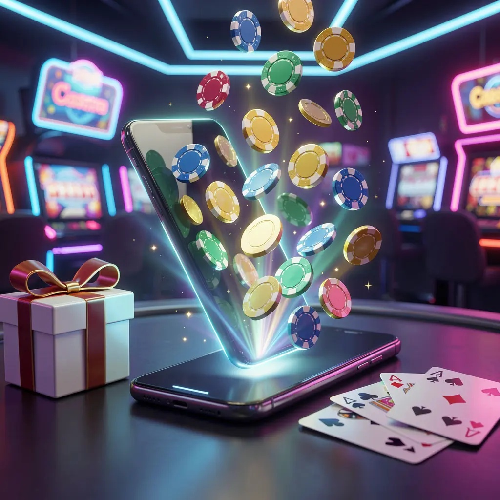 Adegan bonus kasino seluler WK88 dengan ponsel pintar modern yang menampilkan chip kasino bercahaya dan koin yang muncul dari layar, dikelilingi kotak hadiah dan kartu remi dalam suasana kasino neon yang cerah