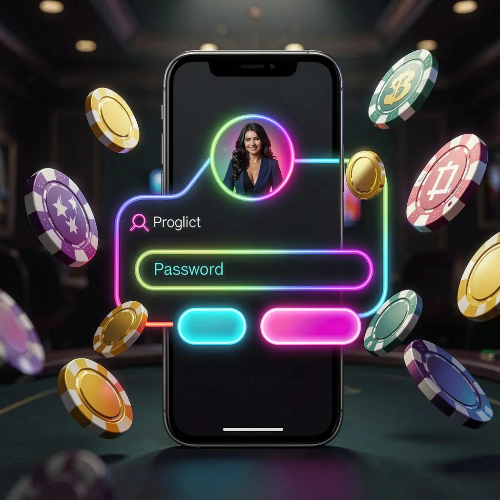 Layar masuk kasino seluler WK88 di ponsel dengan bentuk antarmuka abstrak untuk profil pengguna dan kolom kata sandi, cahaya neon, chip dan koin beterbangan dalam suasana kasino premium yang gelap