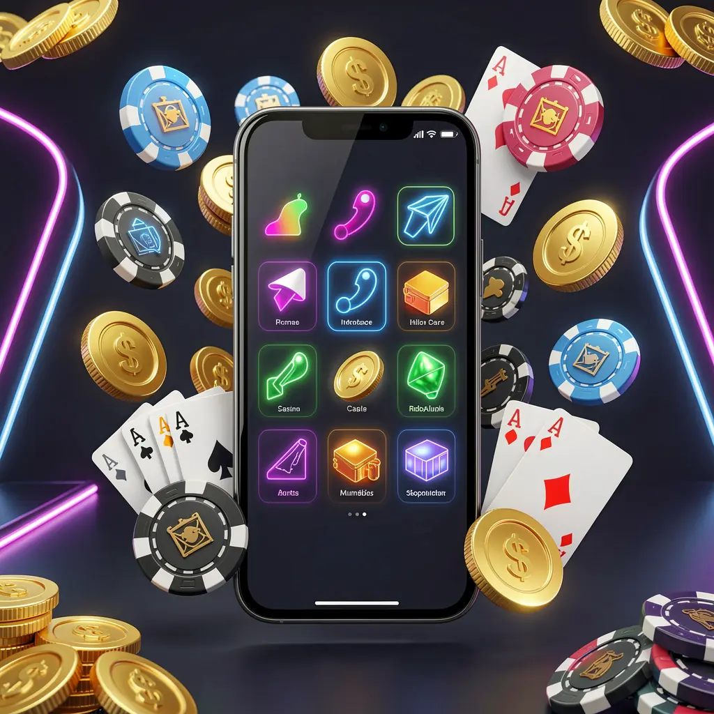 Konsep beranda kasino seluler WK88 yang menampilkan ponsel pintar dikelilingi koin emas, chip, kartu, dan ikon bercahaya pada latar belakang gelap modern dengan aksen neon