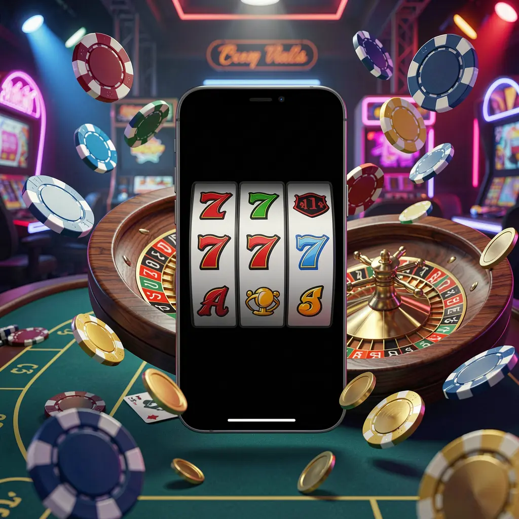 Konsep beranda hiburan kasino WK88 yang menampilkan ponsel modern dengan simbol slot, roda roulette, chip, dan koin melayang di sekitarnya dengan latar belakang kasino neon dalam render 3D premium